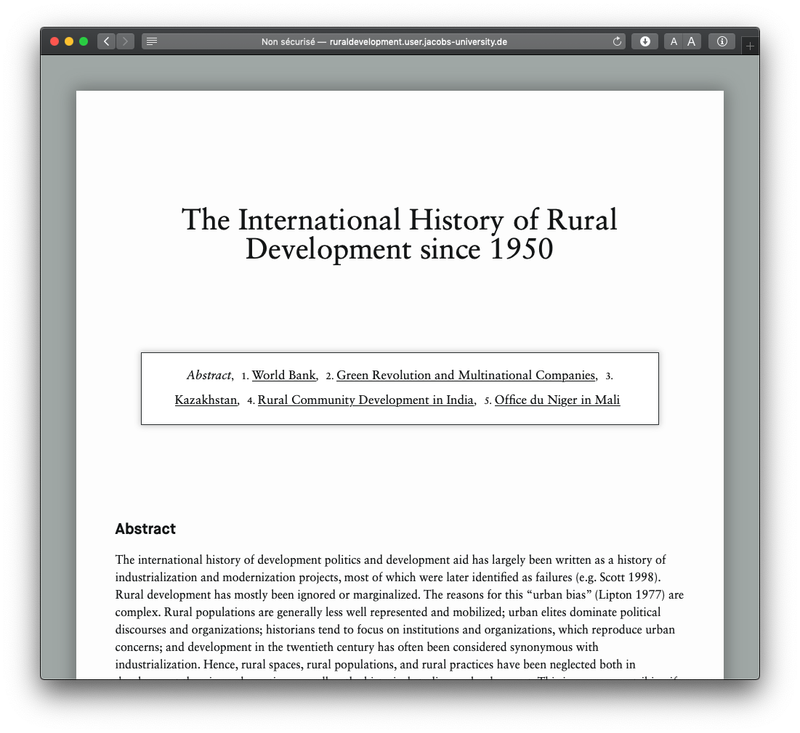 En enkel nettside for forskningsprosjektet The international history of rural development sinde 1950.